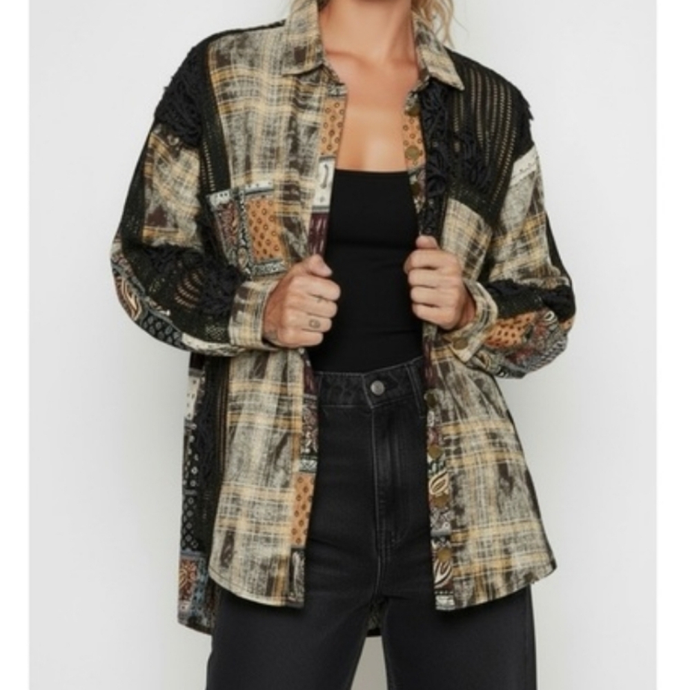 POL Patchwork Shacket Plaid Mesh Lace Button Up Shirt Oversized Size Small